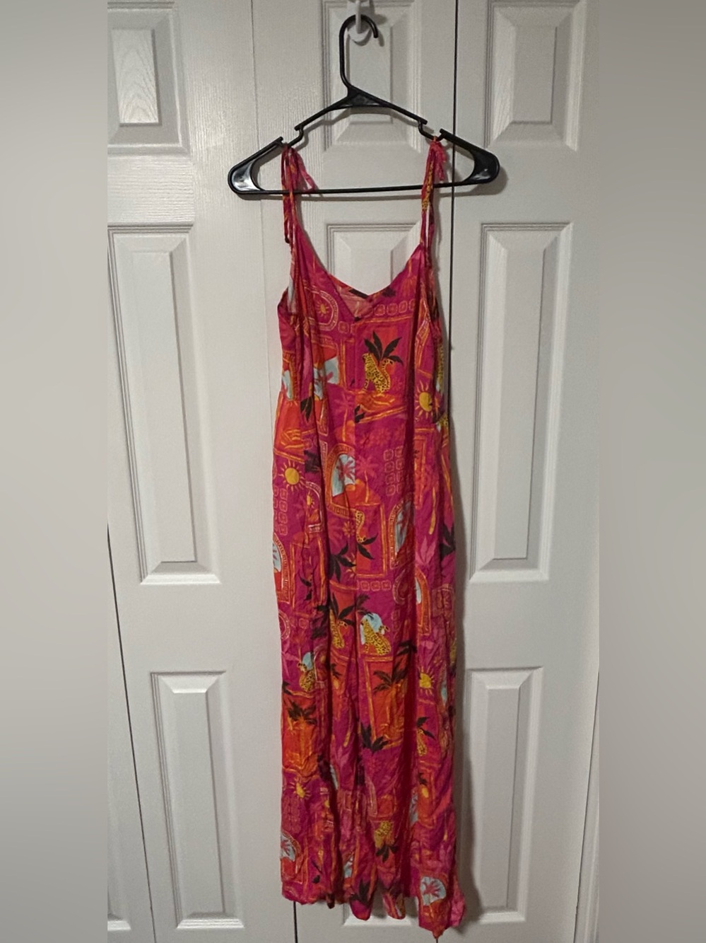 🐆 Bright Pink orange Tropical palm cheetah Print Wide-Leg Jumpsuit tie straps - Picture 3 of 8